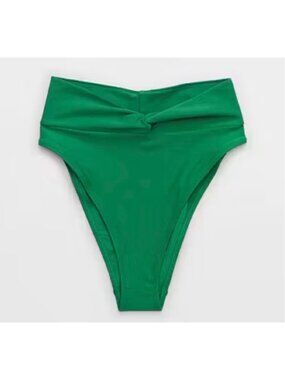 AERIE Twist High Cut Cheeky Bikini Bottoms Sz L Everglades Green Seamless Swim